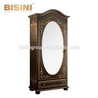 New Arrival French Provence Style Cottage Shaped Golden Floral Ornate Classic Black Armoire with Oval Mirror